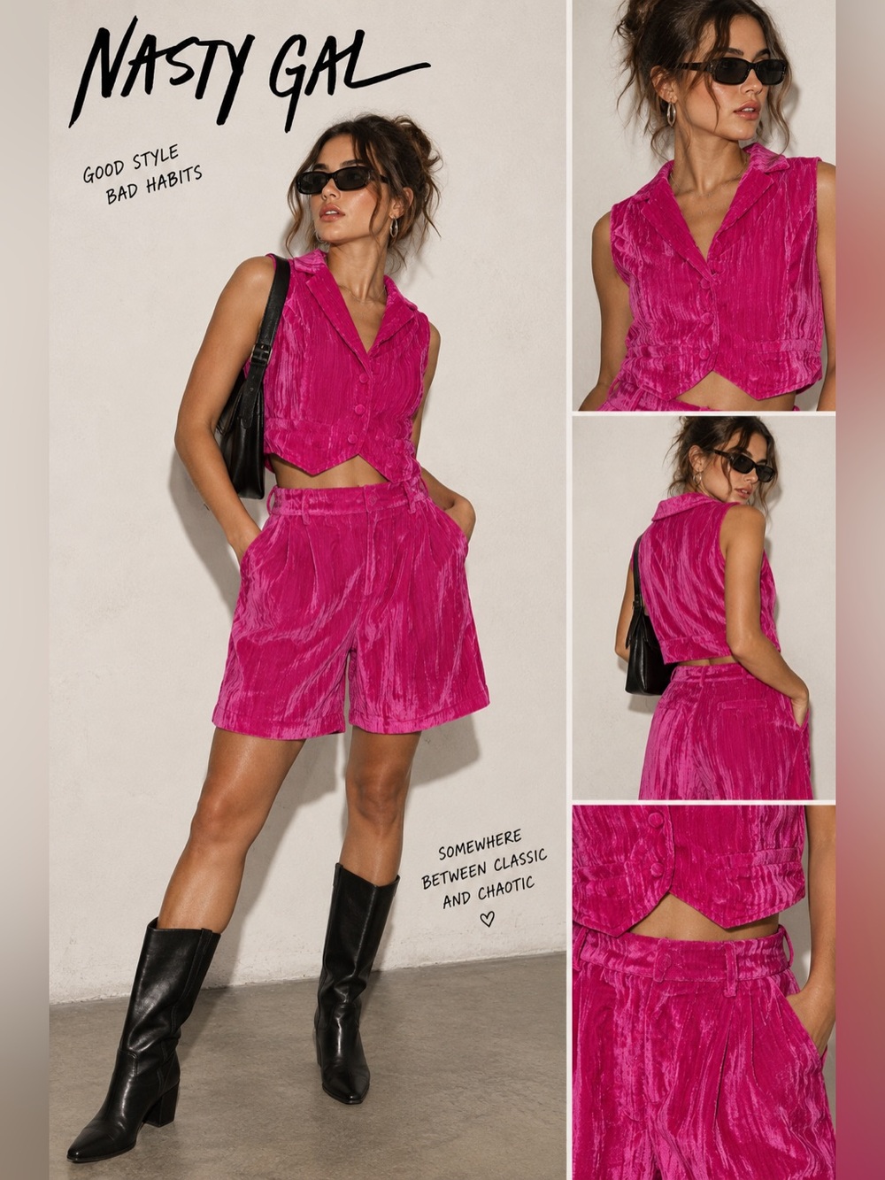 Nasty Gal Hot Pink Crushed Velvet 2-Piece Set – Size 10